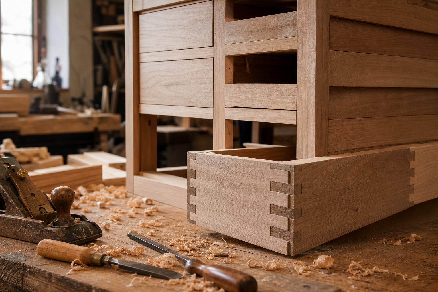 Handmade kitchen cabinetry being crafted in a Hertfordshire workshop