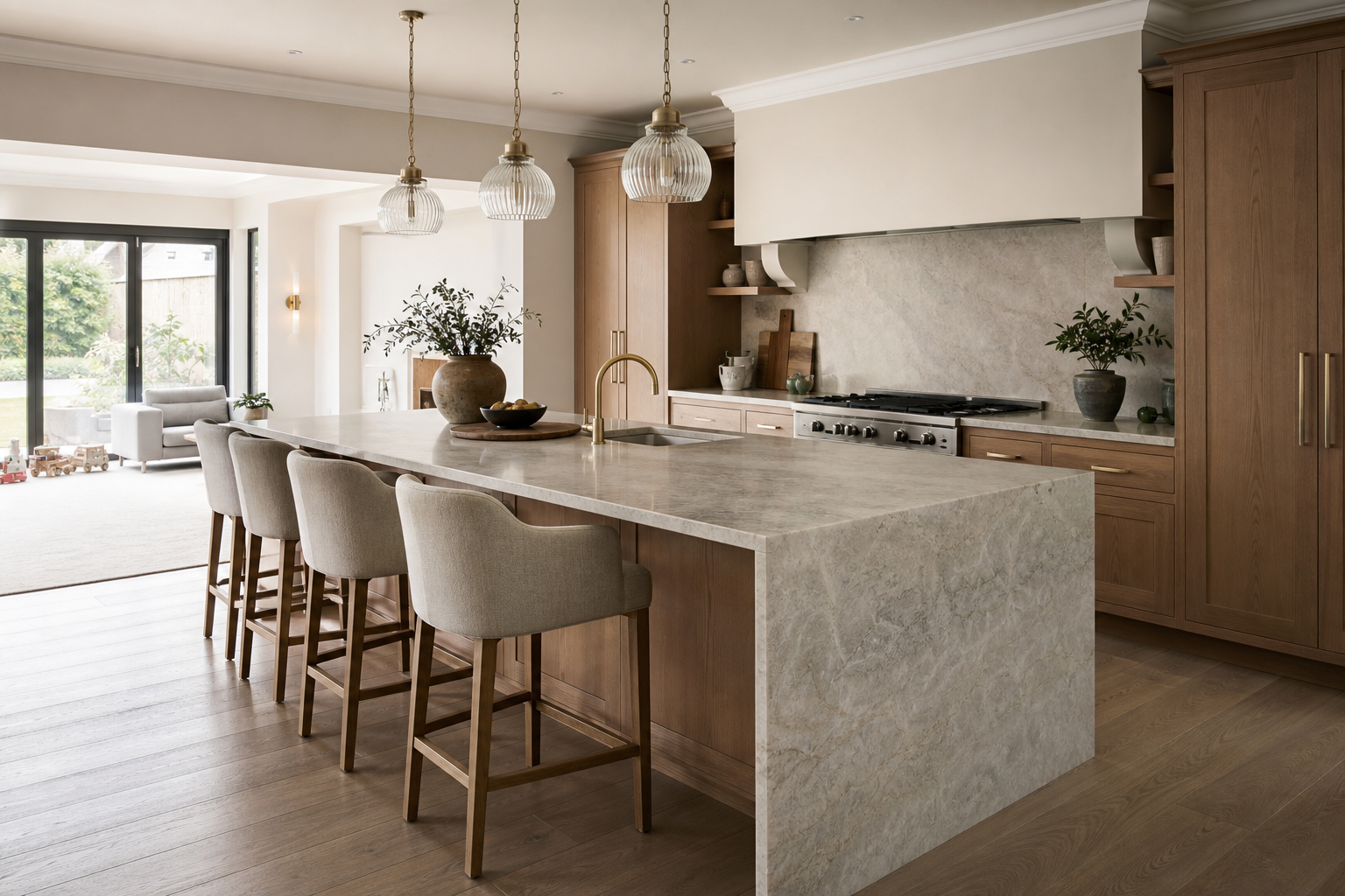 Bespoke kitchen island with integrated seating in a Hertfordshire home