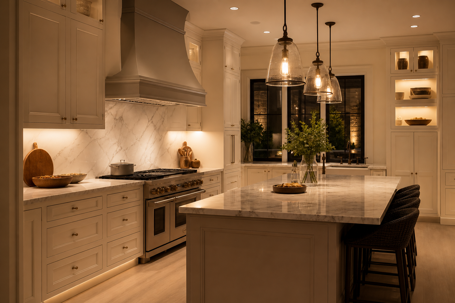 Layered kitchen lighting in a bespoke Hertfordshire kitchen