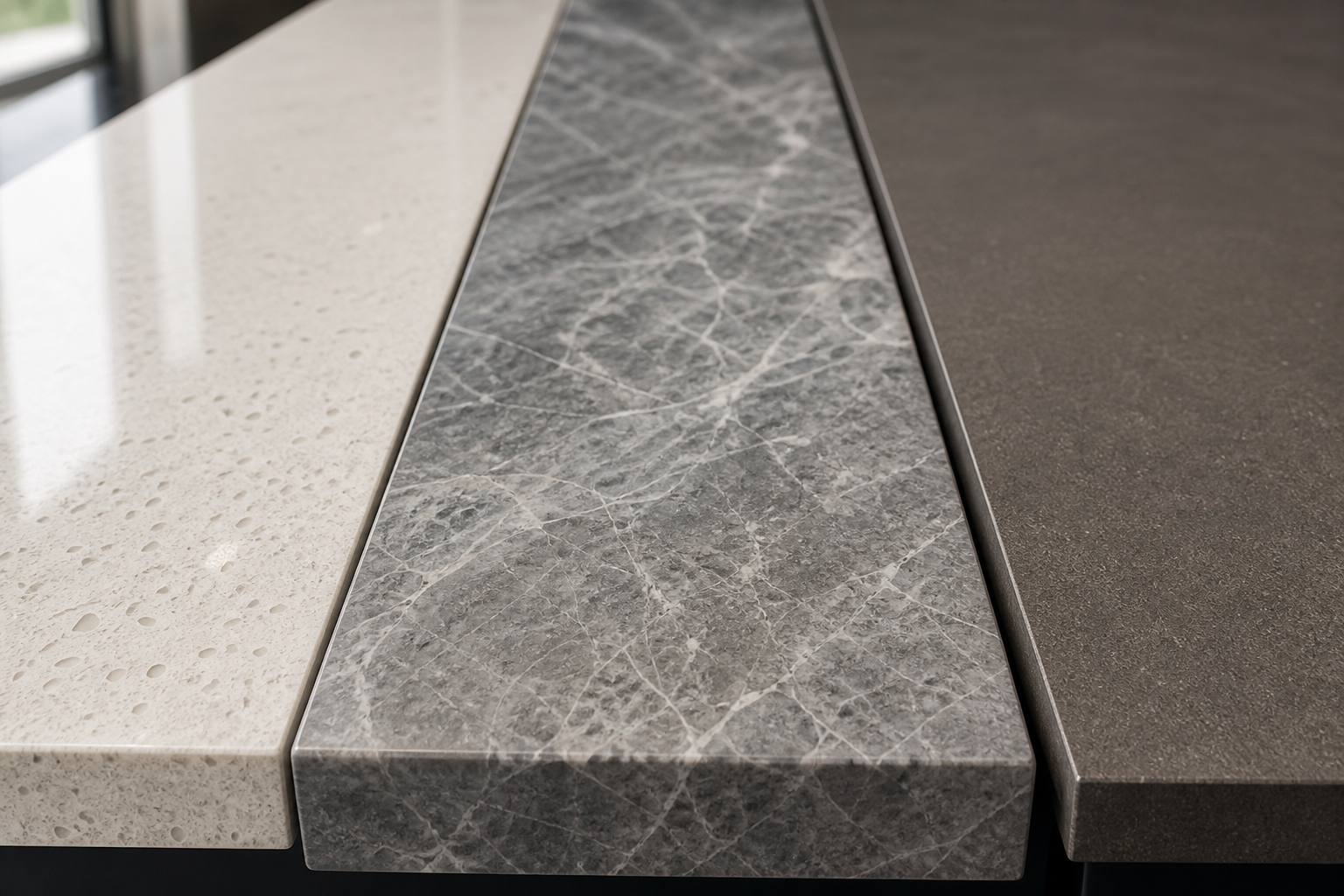 Quartz, marble, and porcelain worktop samples in a kitchen showroom
