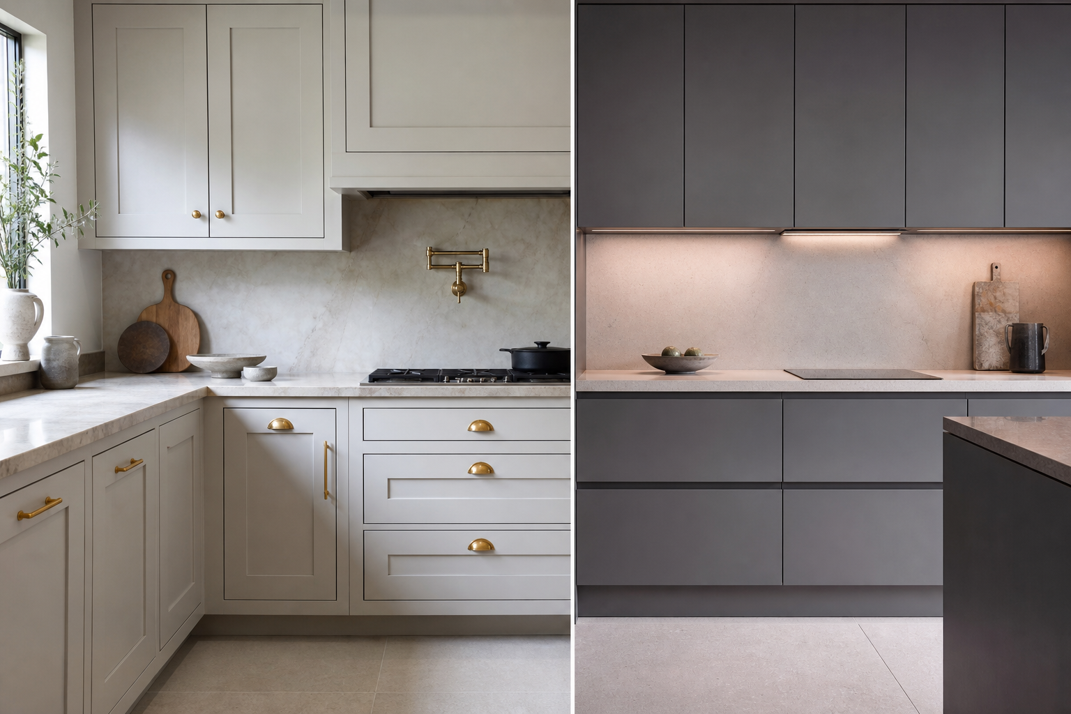 Contemporary handleless kitchen with painted shaker cabinetry in a Hertfordshire home