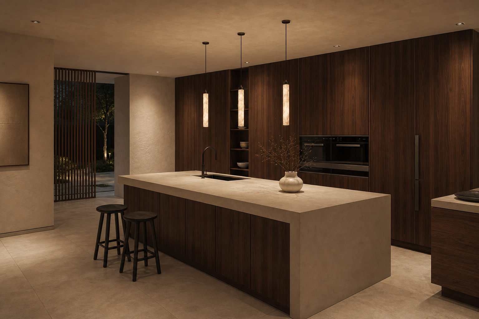 Japandi walnut kitchen design concept with cream stone island and warm lighting
