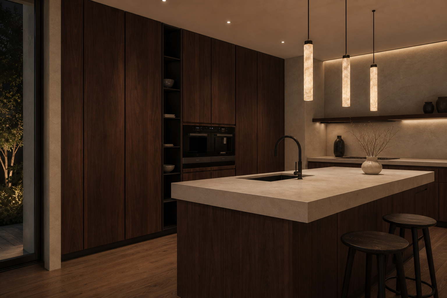 Corner concept showing walnut cabinet run and cream stone island