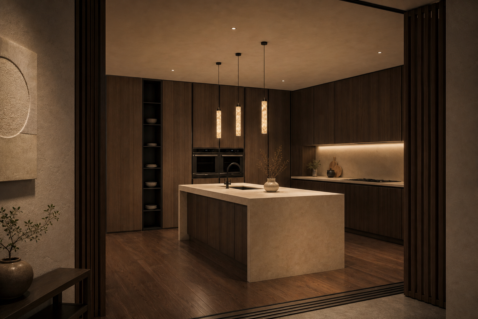 Concept view from the living threshold into the kitchen
