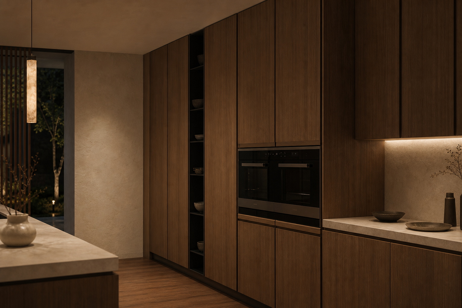 Cabinetry concept with warm ambient lighting across walnut doors