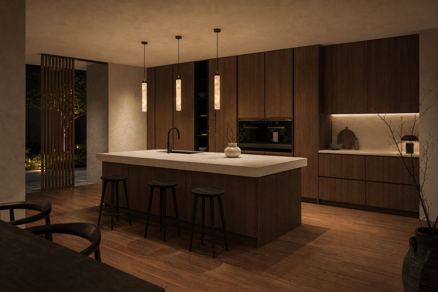 Wide kitchen concept exploring walnut cabinetry and evening atmosphere