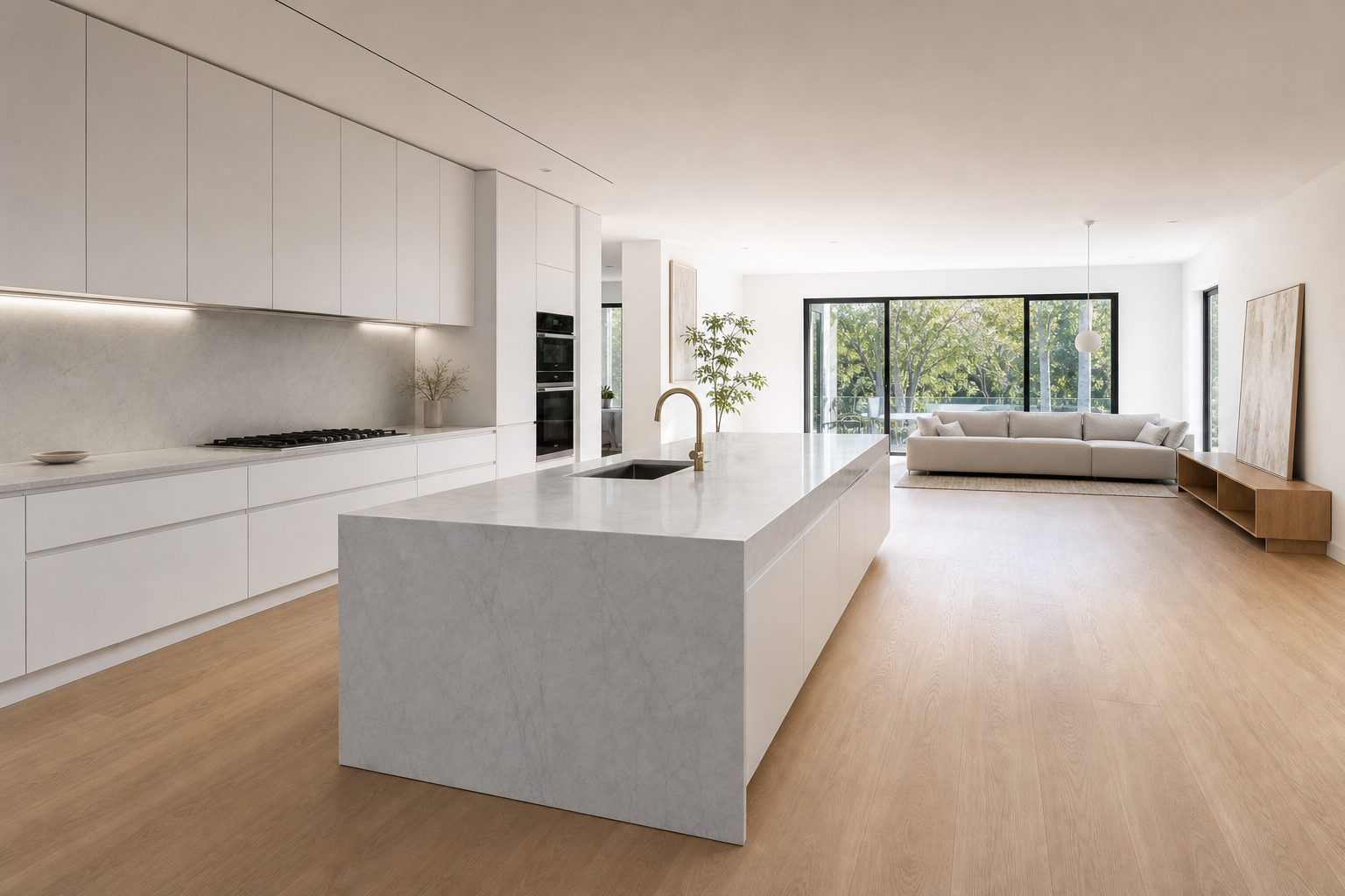 Wide open-plan view of the finished kitchen