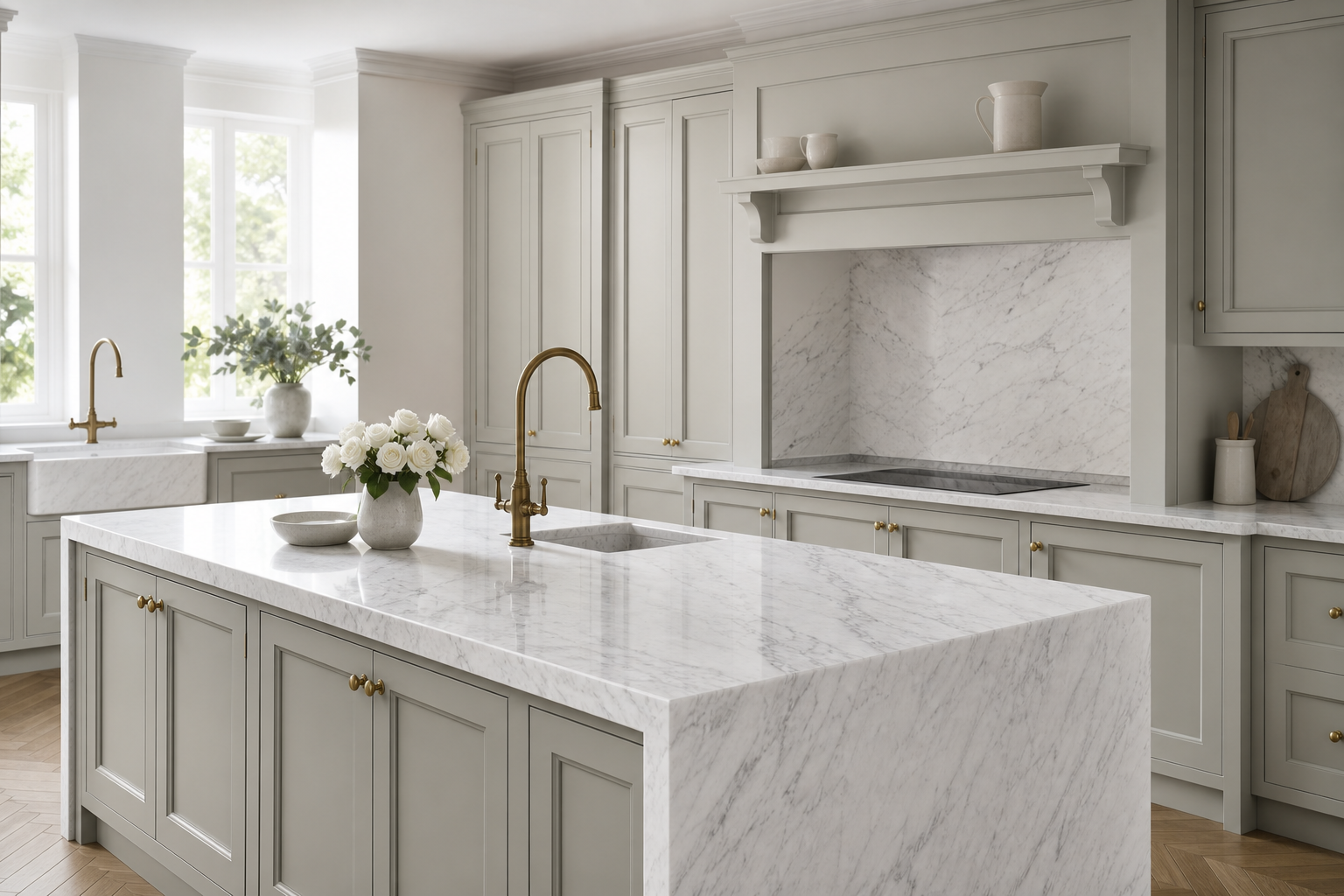 Carrara marble island kitchen with sage shaker cabinetry