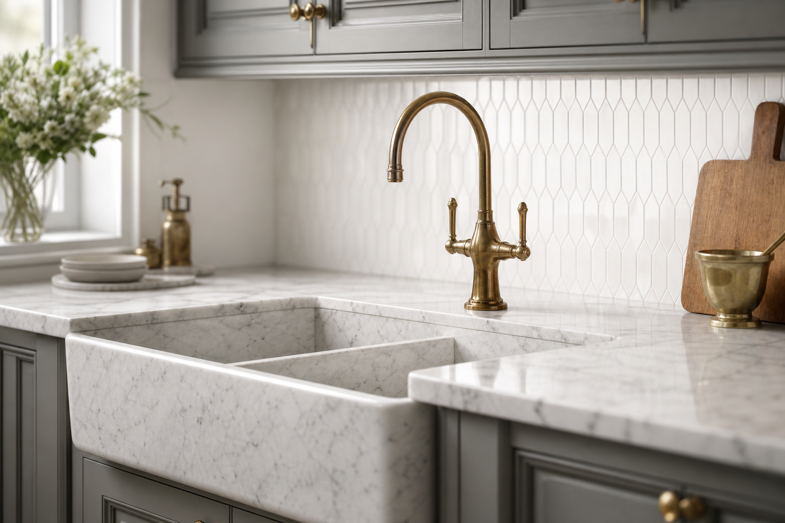 Carrara Belfast sink with brushed gold gooseneck tap