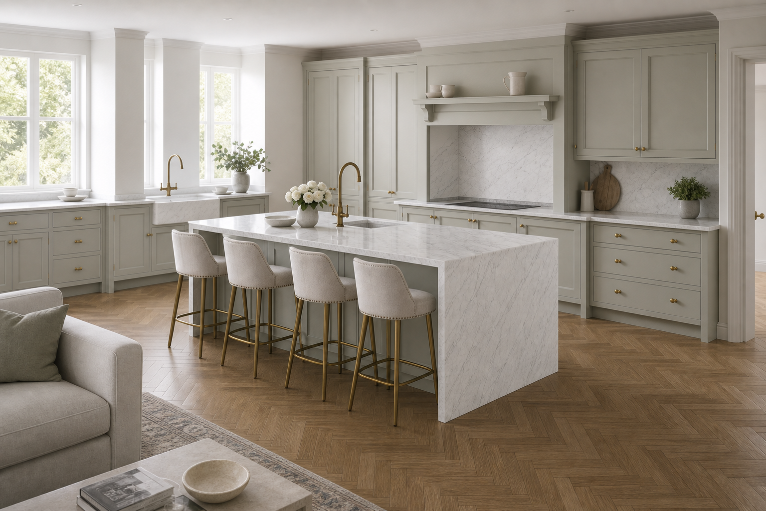 Wide open-plan view of the Carrara marble kitchen