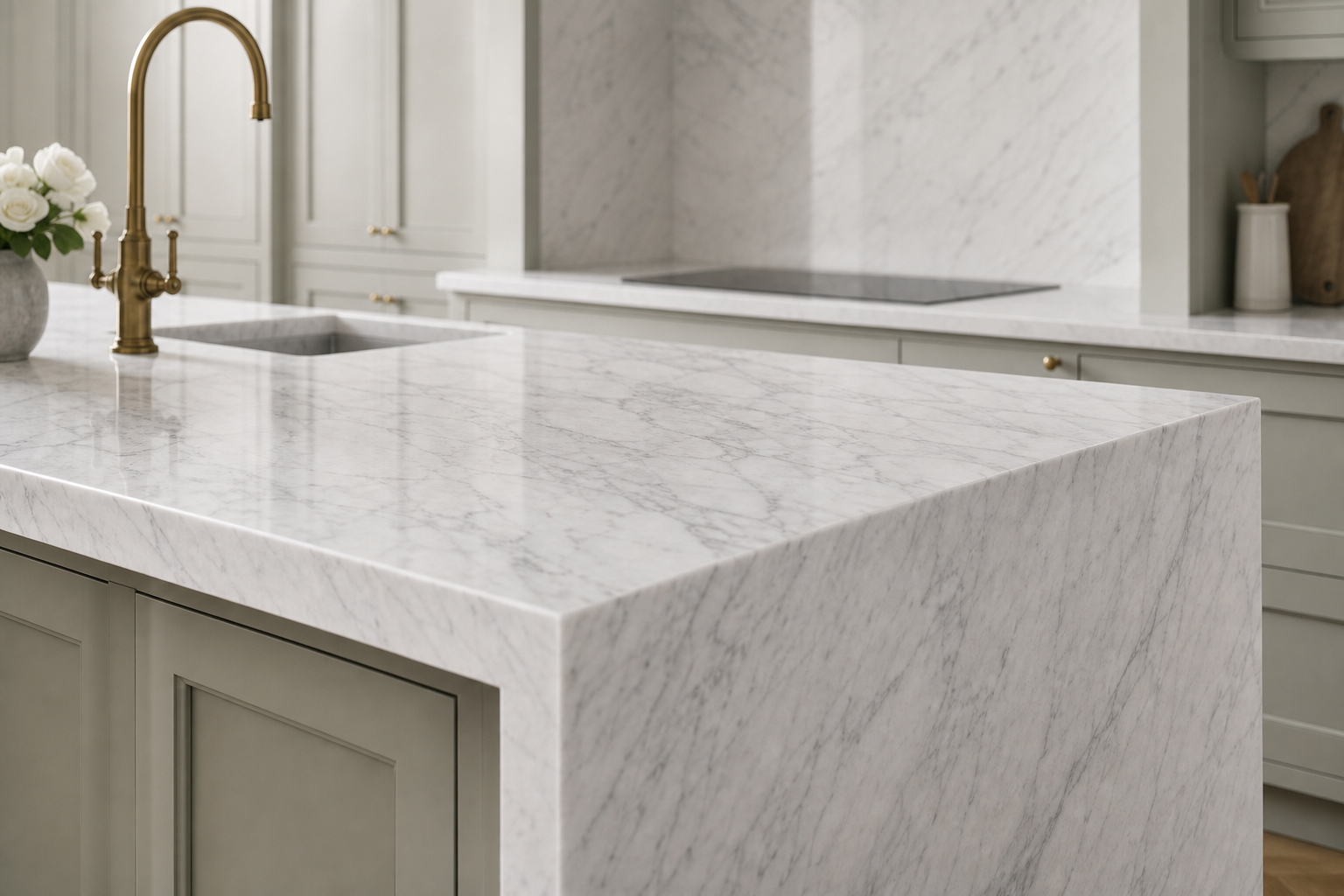Close detail of polished Carrara marble with soft grey veining