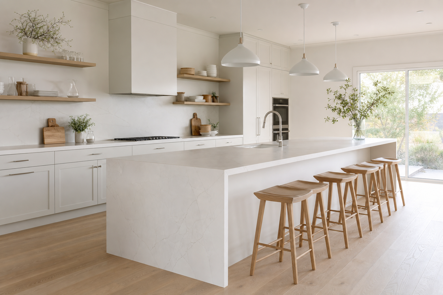 Bright kitchen with cream marble waterfall island