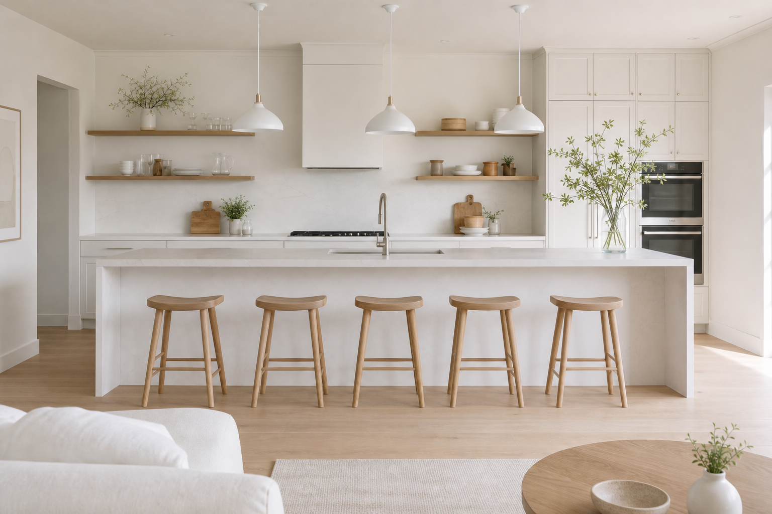 Kitchen viewed from the living space across the island