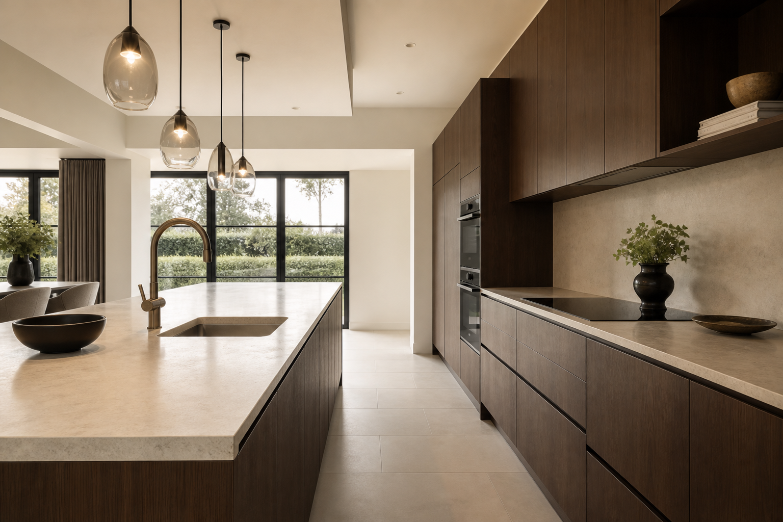 Opposite view toward tall walnut cabinetry and ovens