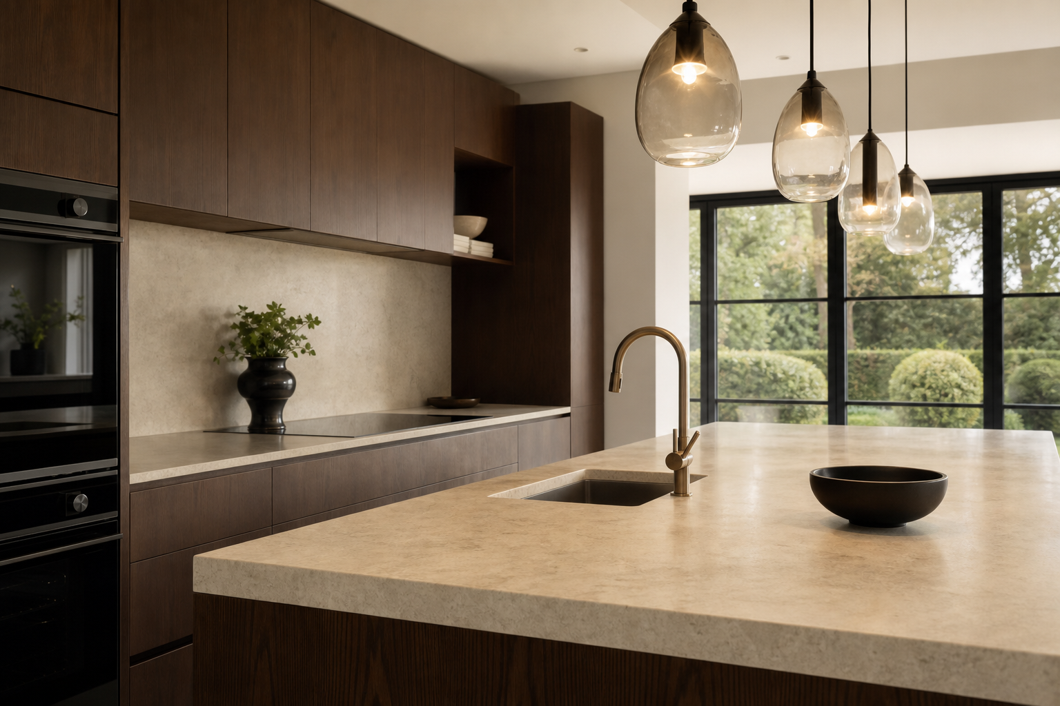 Island detail with aged brass tap and teardrop pendants