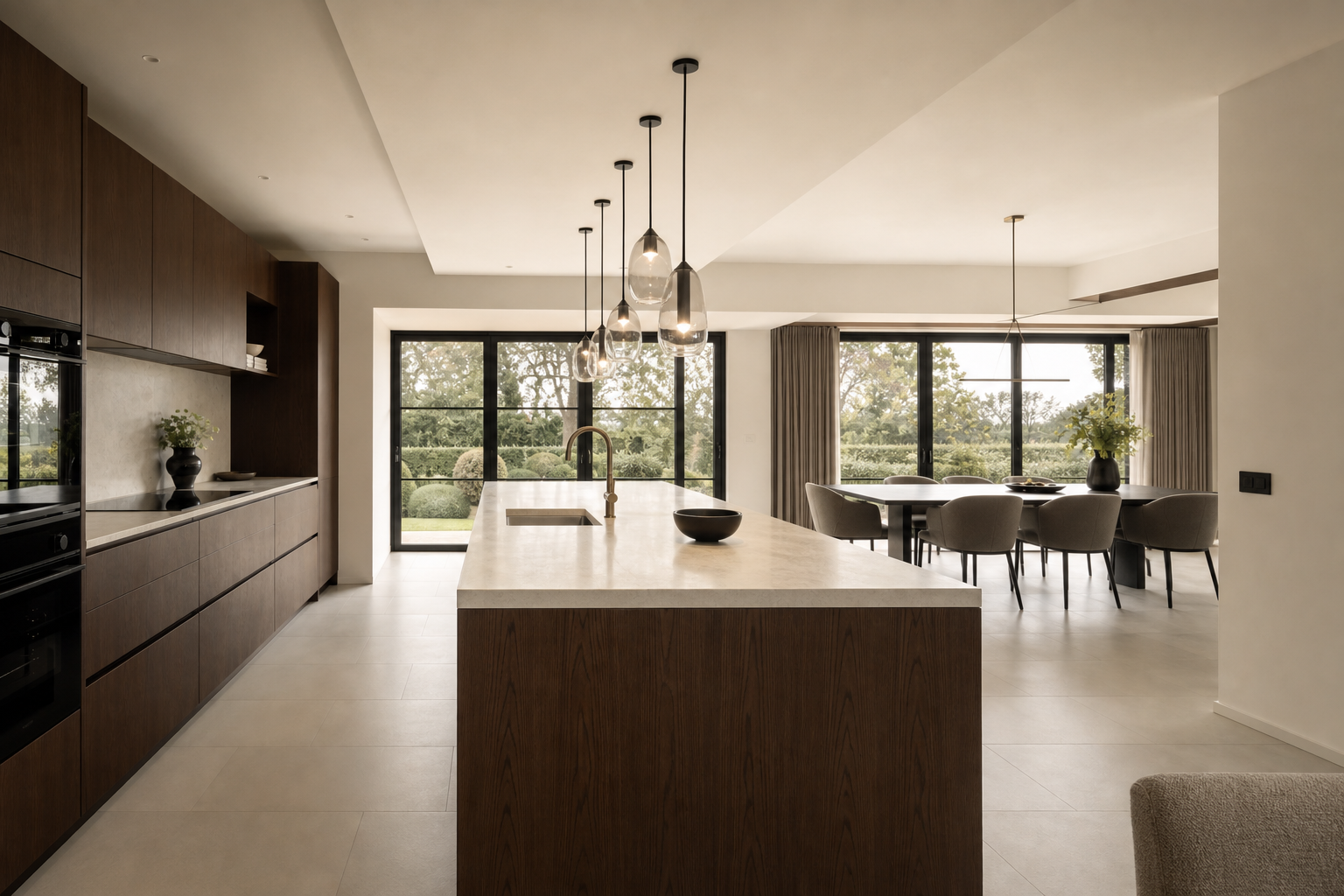 Wide view toward dining area and garden doors