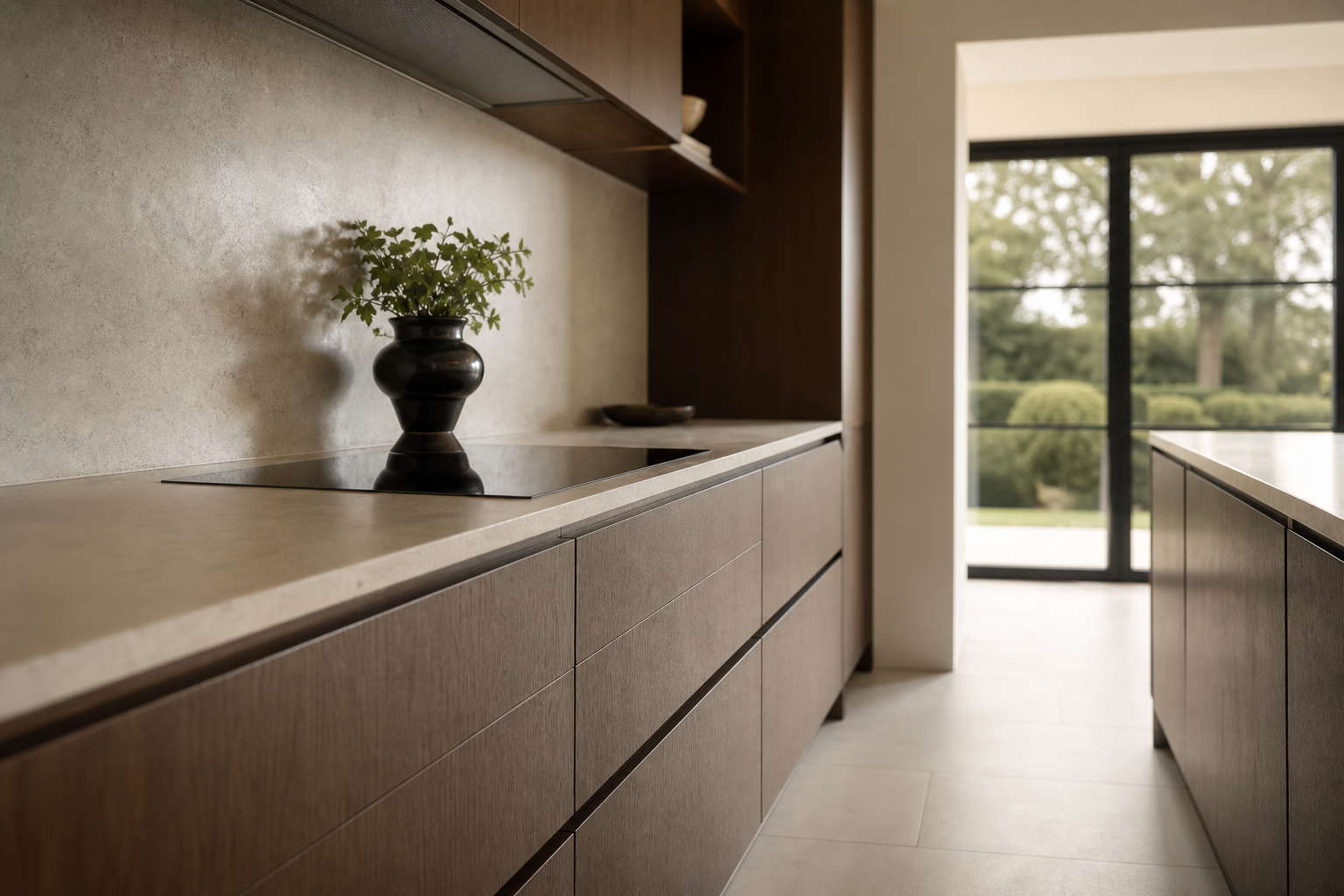 Walnut cabinet run with cream stone worktop and splashback