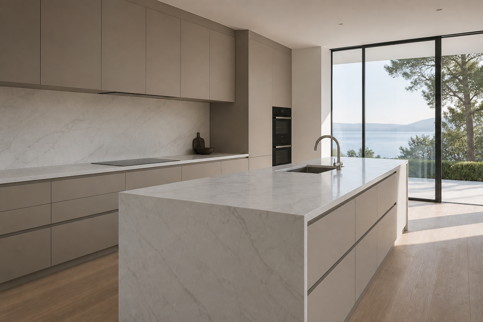 Modern bespoke kitchen with pale marble waterfall island