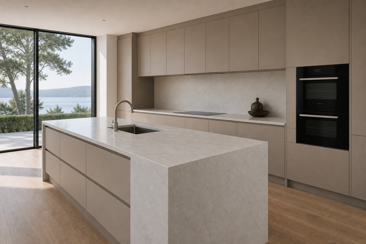 Same modern kitchen from the opposite island angle