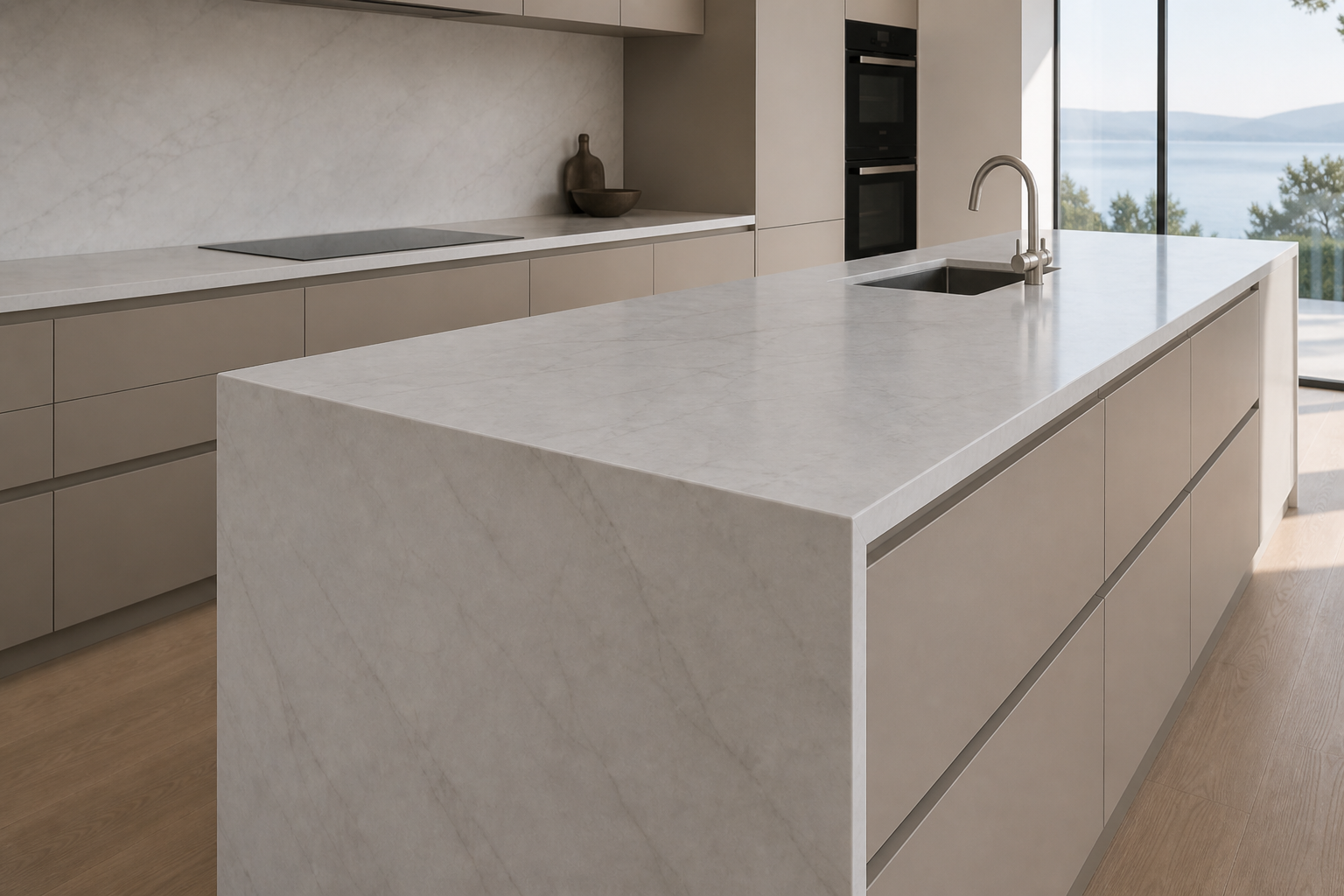 Waterfall worktop edge and island seating detail