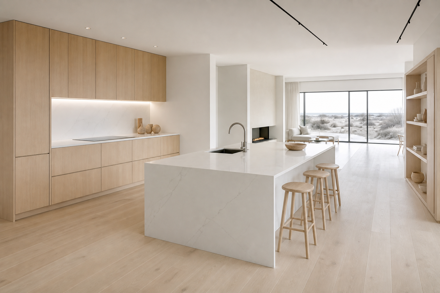Wider view of the oak kitchen and island layout