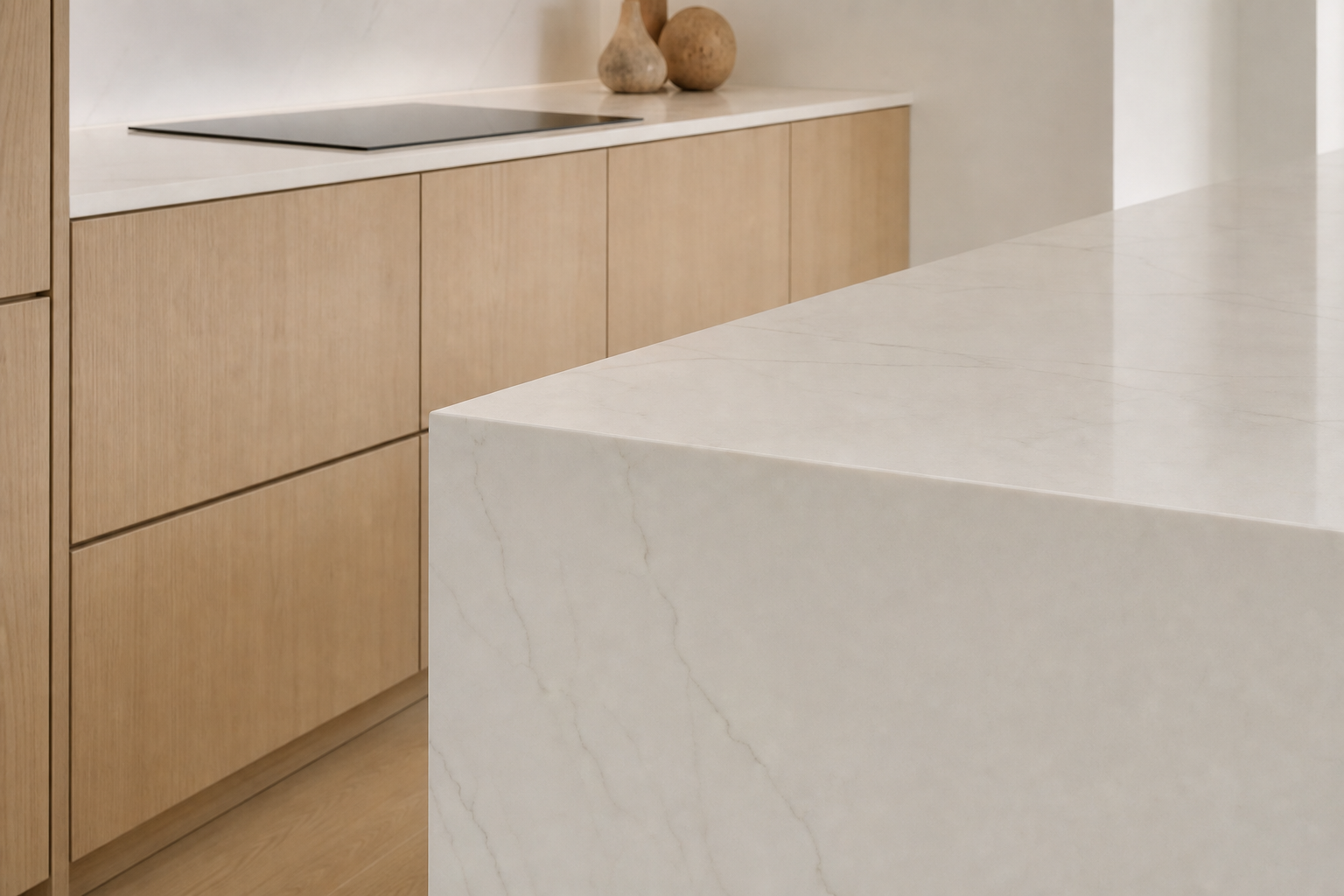 Worktop corner and oak cabinetry detail
