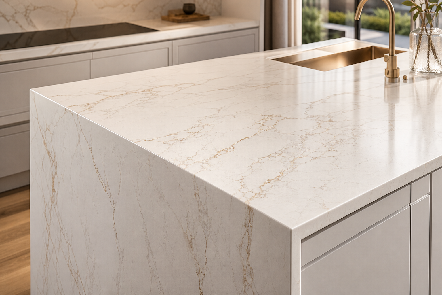 Creamy quartz worktop with soft gold-beige veining