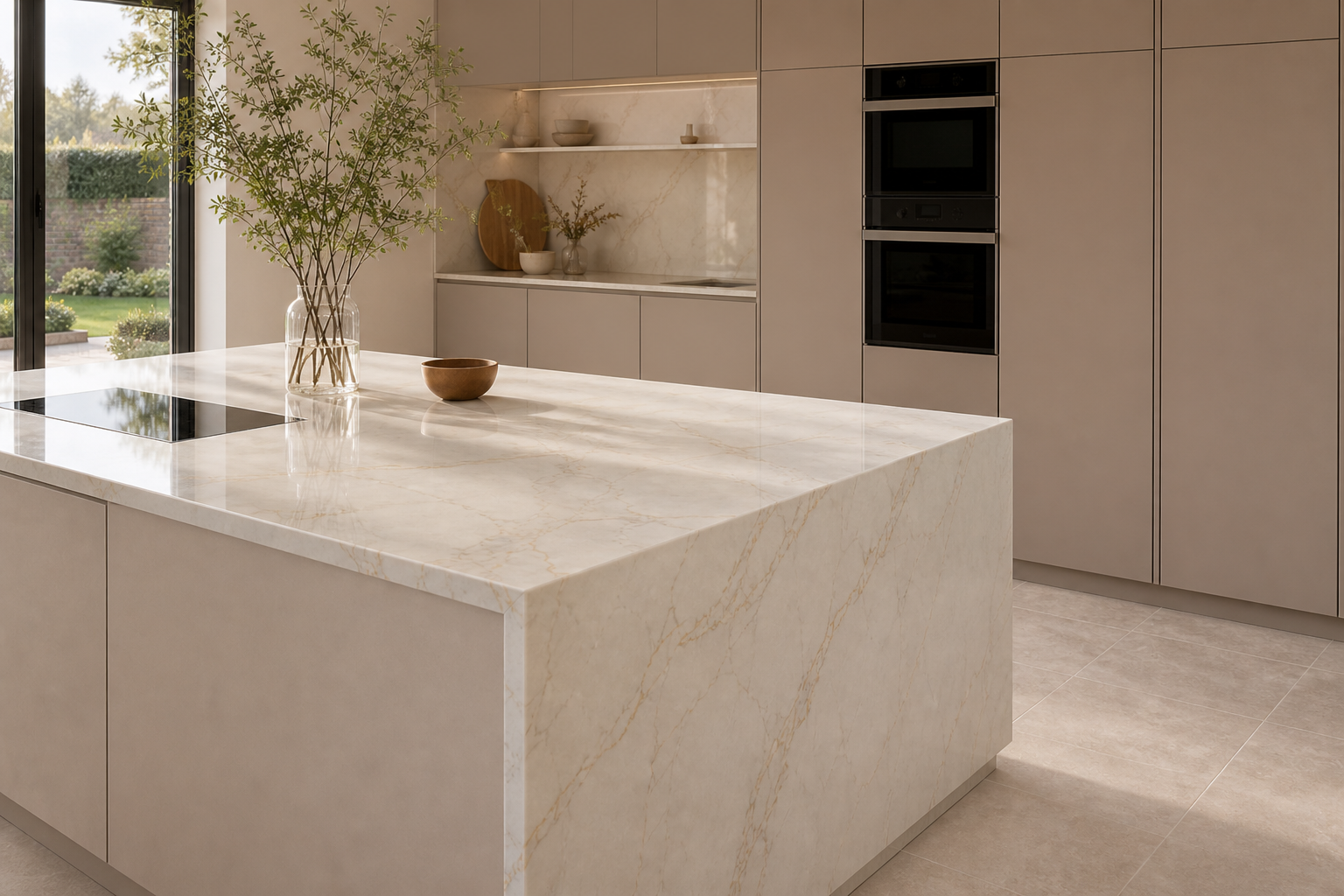 Opposite angle across the island toward tall cabinetry