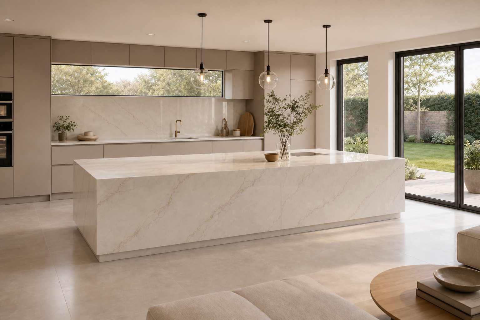 Wide open-plan view of the full Lusso quartz island kitchen