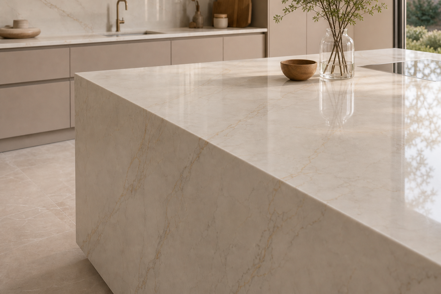 Waterfall quartz edge and island seating detail