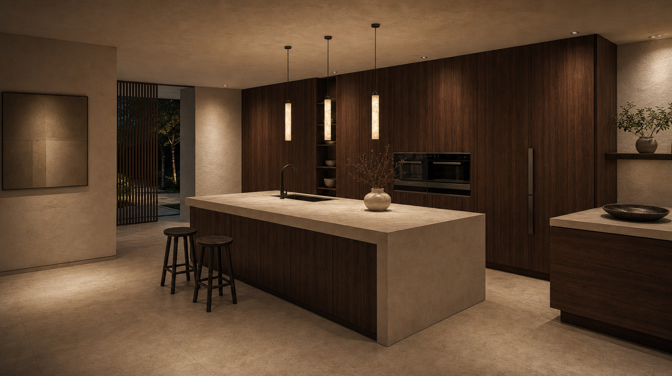 Design concept — wide view of walnut Japandi kitchen with cream island and alabaster pendants