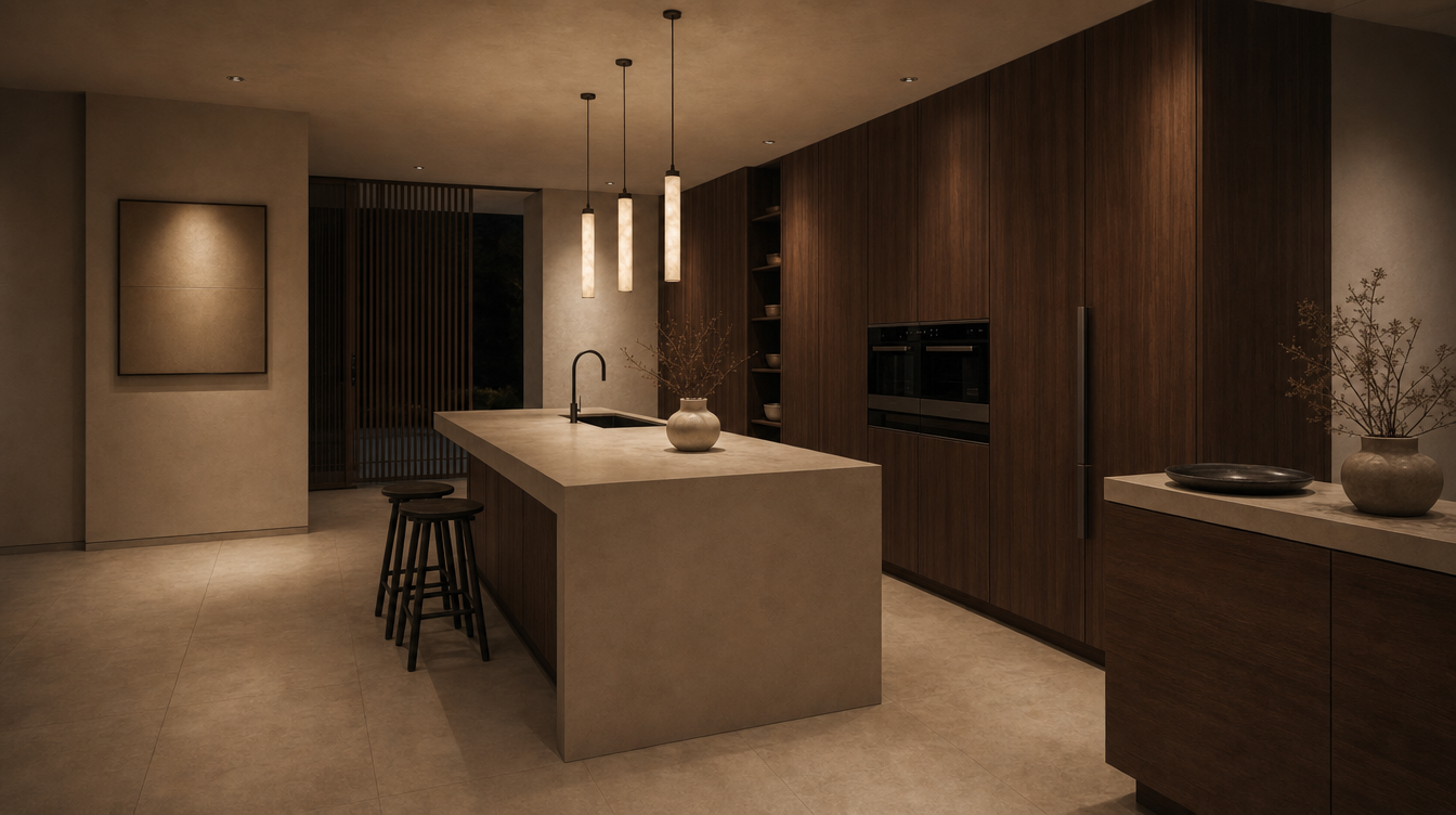 Design concept — corner view along the walnut cabinet run toward the island