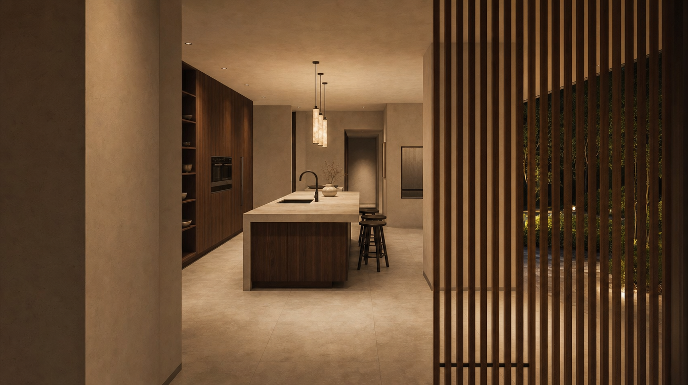 Design concept — kitchen viewed through the slatted wood screen from the hallway
