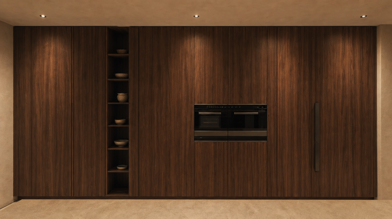 Design concept — walnut cabinetry wall with flush black ovens and cream stone worktop