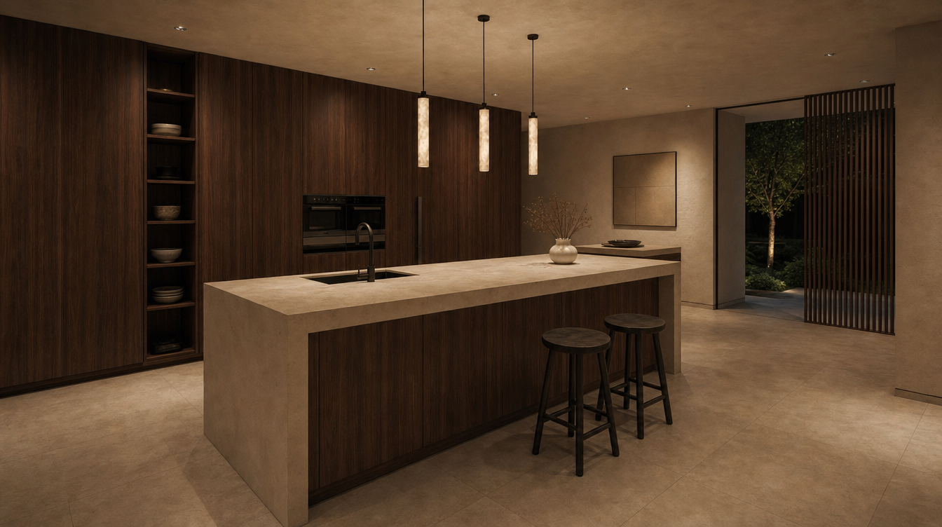 Design concept — wide opposite view of the walnut kitchen island and evening lighting