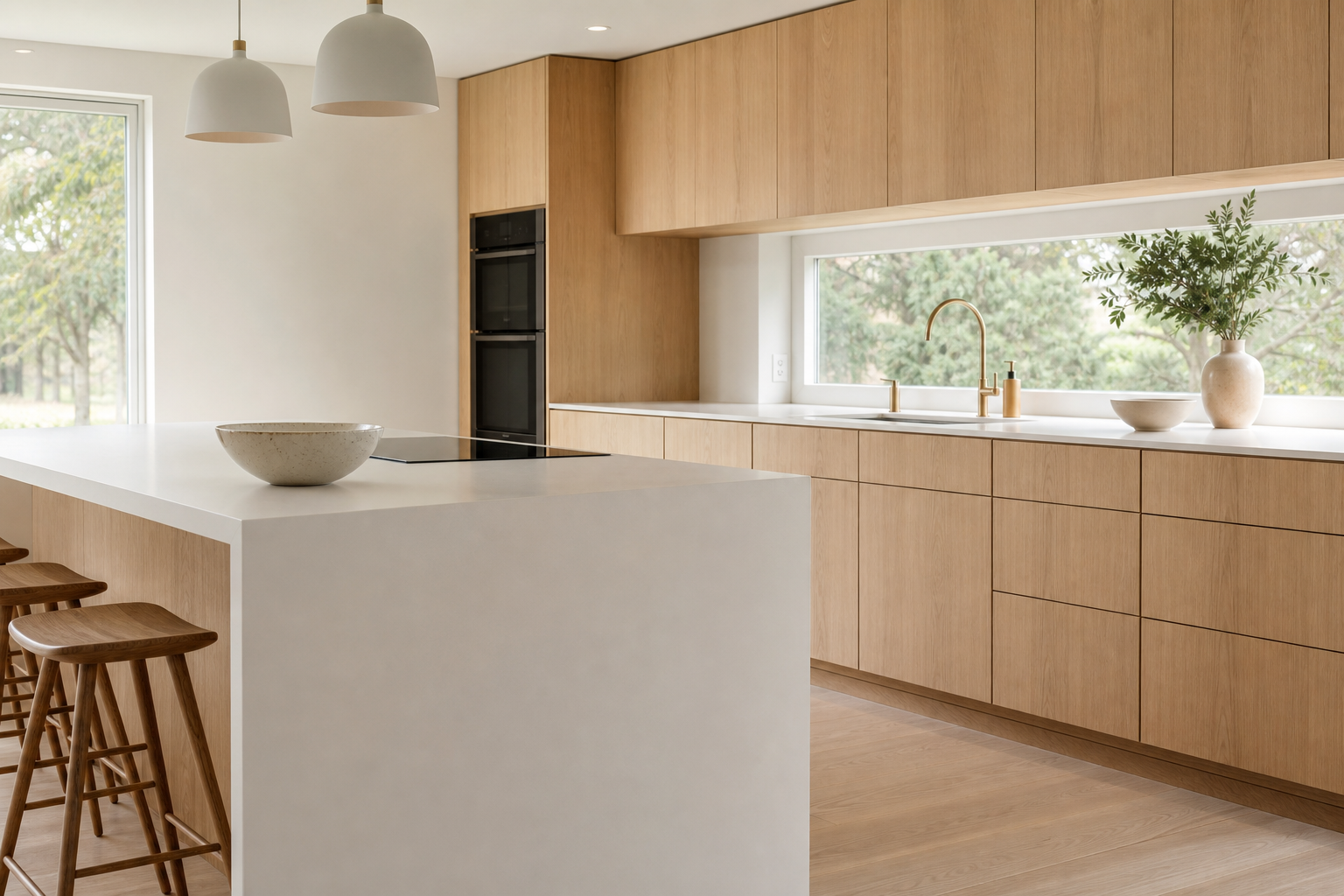 Scandi oak kitchen with smooth white waterfall worktop