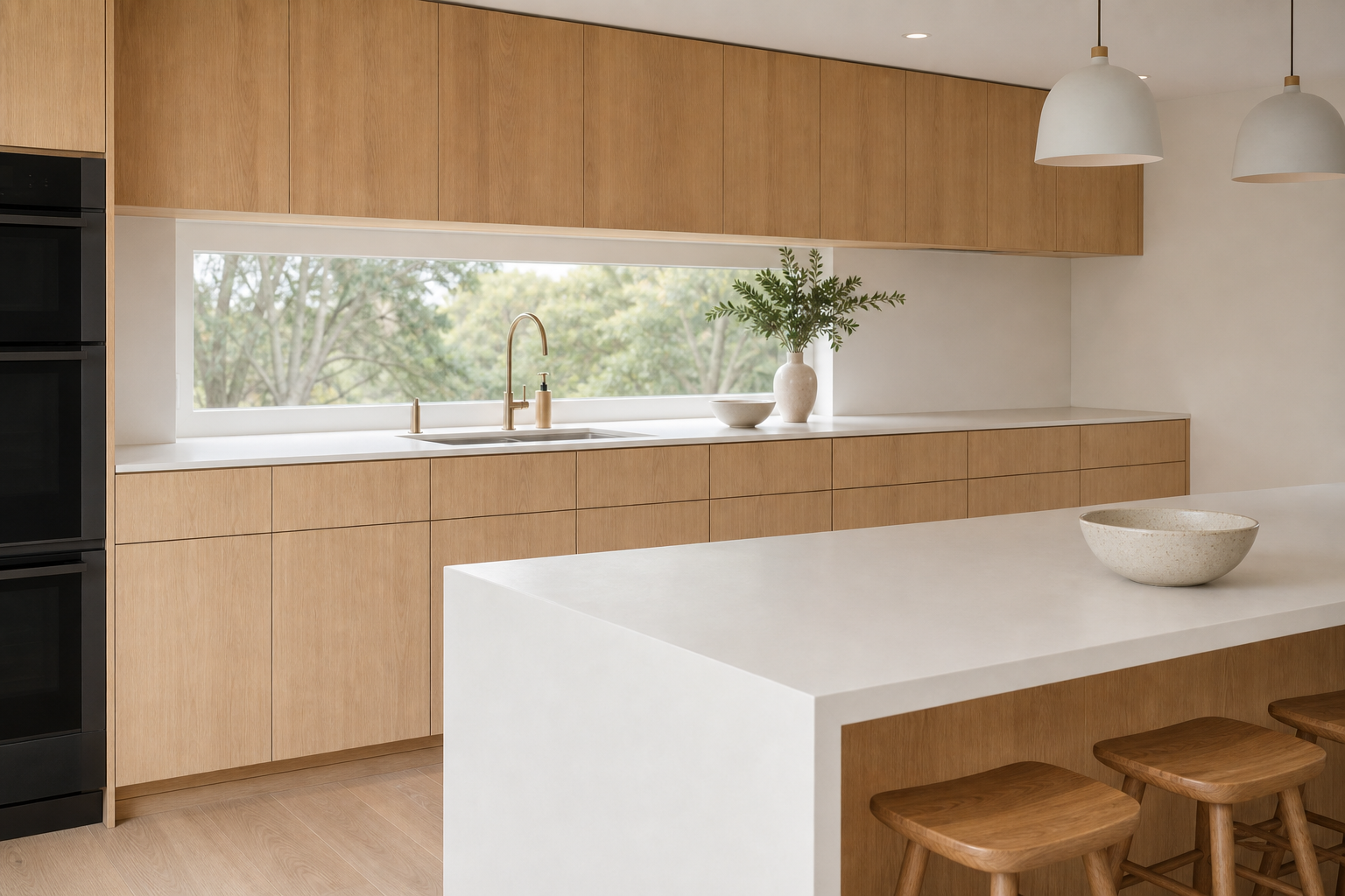 Same oak kitchen viewed from the window end of the island