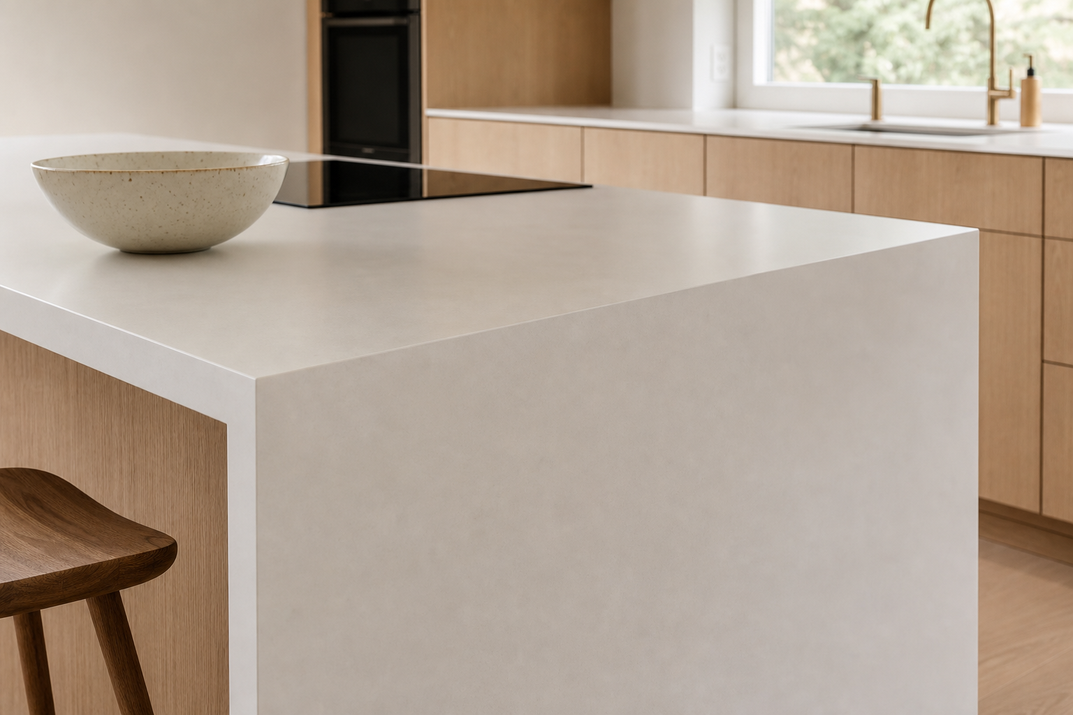 Oak and stone waterfall worktop detail