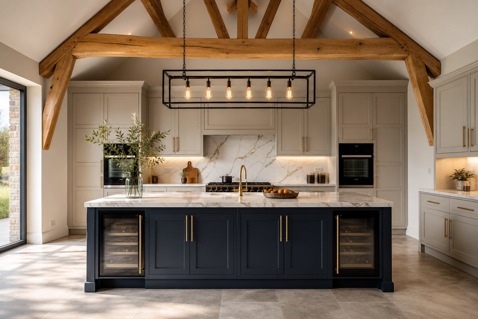Vaulted barn kitchen with navy island and greige shaker cabinetry