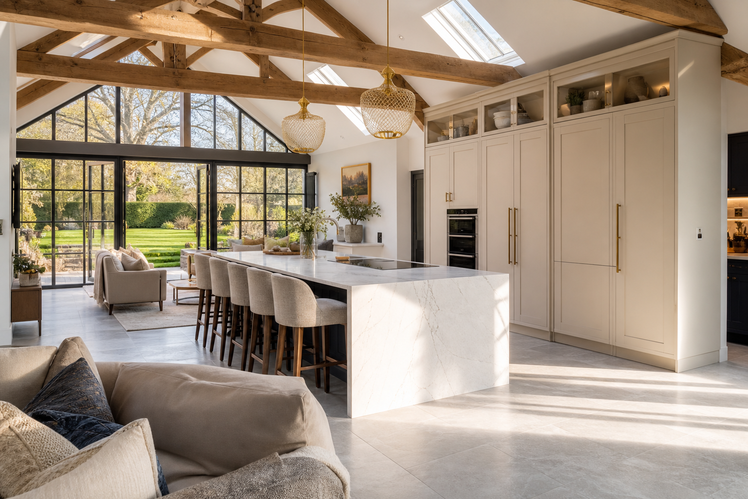 Open-plan barn kitchen viewed from the living area