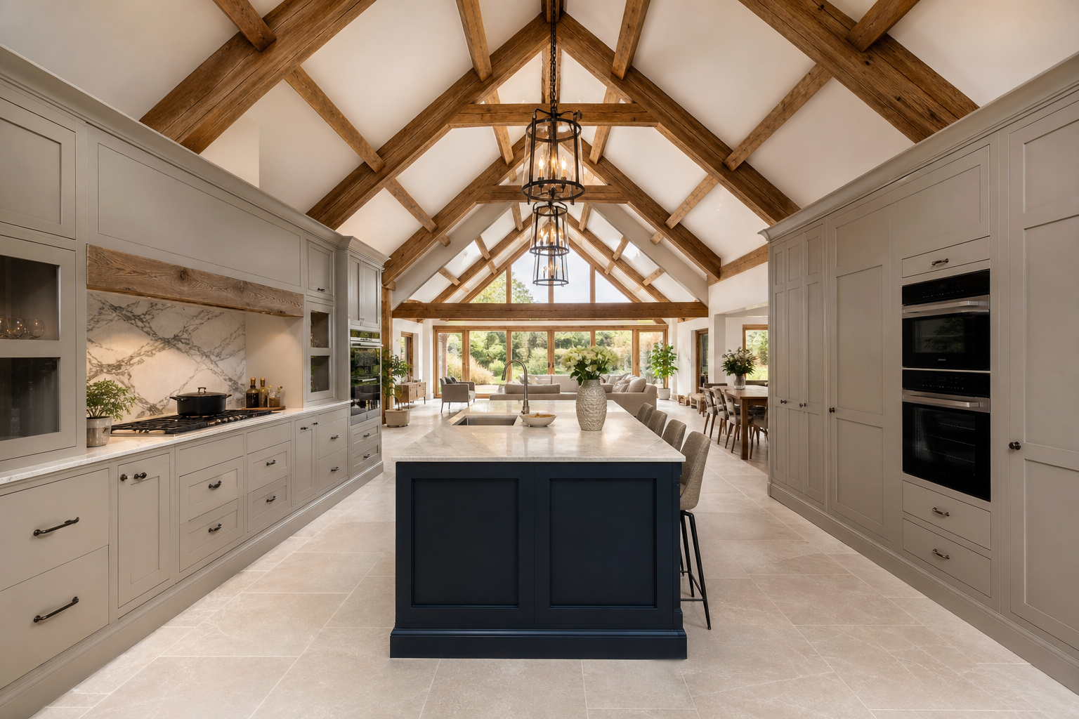Wide view of the beamed barn kitchen and garden windows