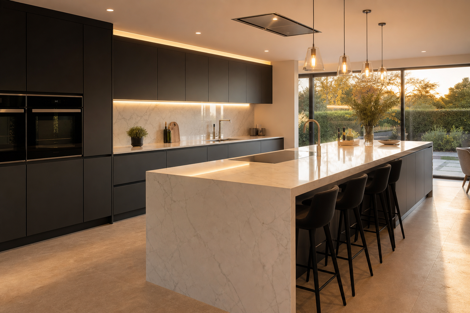 Handleless charcoal kitchen with marble waterfall island
