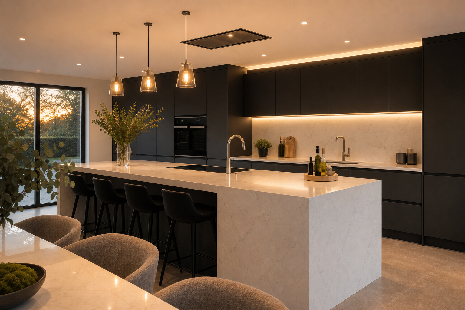 View across the island toward tall cabinetry